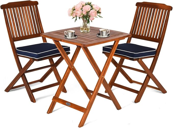 3PCS Patio Folding Wooden Bistro Set Cushioned Chair Conversation Table Seat Cushion
