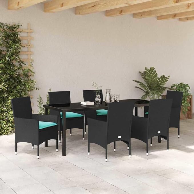 7 Piece Outdoor Dining Set, PE Rattan Patio Table and 6 Chairs with Comfortable Cushions, Modern Garden Furniture for Backyard, Deck, and Lawn, Black
