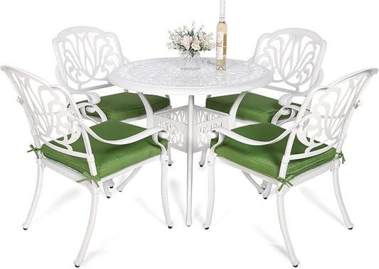 VIVIJASON 5-Piece Patio Furniture Dining Set, All-Weather White Cast Aluminum Outdoor Conversation Set, Include 4 Cushioned Chairs and a 35.4" Round Table w/Umbrella Hole for Balcony Lawn Garden