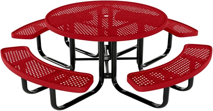 COATEDOUTDOORFURNITURE Heavy-Duty Portable Outdoor Kids Table with Umbrella Hole, Punched Steel Kids Picnic Table, Commercial-Grade, Made in America (46 in, Round, Childrens, Textured Red)