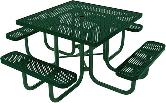 COATEDOUTDOORFURNITURE Heavy-Duty Portable Outdoor Picnic Table with Umbrella Hole, Punched Steel Commercial-Grade Patio Furniture Made in America (46" Square Top, Green with Green Frames)