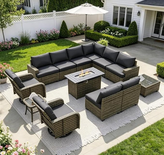 LET'S PATIO Luxury Patio Furniture Set with Fire Pit Table，13 Piece Outdoor Furniture Sectional Set with Swivel Rocker Chairs of 2，All-Weather Patio Sectional Sofas with Thickened Cushions, Black