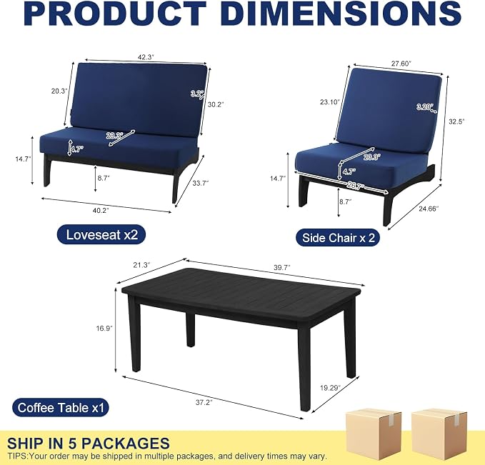 Pia Ricoo 4 Piece Patio Furniture Sets, Outdoor Furniture with 2 Chairs & Coffee Table, Patio Conversation Set for Backyard, Deck, Lawn, Navy, Dark Wood
