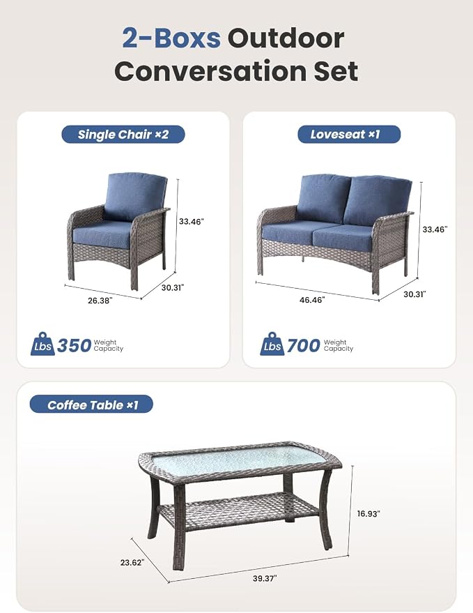 4-Piece Outdoor Patio Furniture Set with Coffee Table, Outdoor Conversation Wicker Sofa with Thickened Cushions, Rattan Couch for Deck Yard Poolside, Blue