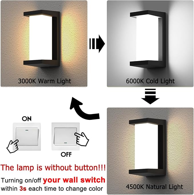 Outdoor Wall Lights,2Packs 24w Exterior Light Fixture,LED Wall Sconce 3-Color-Changeable Wall Mounted Lamps,Matte Black Porch&Patio Light Outdoor,IP65 Waterproof for Hallway Stairs Gardens