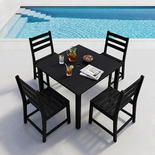 HDPE Outdoor Dining Set for 4, Square Table and Chairs, Black | All-Weather HDPE, Wood Grain Finish, 42.5" Square Table, Built-In Umbrella Hole, Seats 4, Patio & Poolside Ready