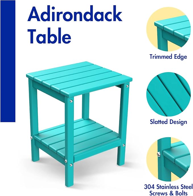 BRIOPAWS Outdoor-Side-Tables | Set of 2 | Small | HDPE Plastic | Patio End-Table | 2-Shelf Adirondack Outside Tables | All Weather | for Poolside Front Porch Indoor Living Room | 14" x 13" | Aqua