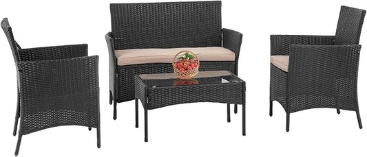 PayLessHere Patio Furniture Sets 4 Pieces Outdoor Indoor Use Rattan Chairs Wicker Conversation Sets for Backyard Lawn Porch Garden Balcony,Black