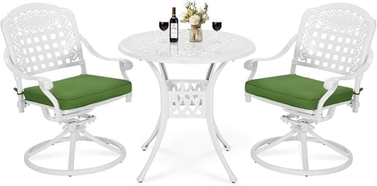 VIVIJASON 3-Piece Patio Bistro Set, Outdoor All-Weather Cast Aluminum Furniture Dining Set, Include 2 Swivel Rocker Chairs and 31" Round Table w/Umbrella Hole for Balcony, Lawn, Garden, White