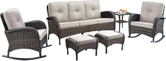 Belord Patio Rocking Chairs Furniture Set of 6, Outdoor Wicker Furniture Sets with Wicker Rocker, Small Patio Conversation Sets with Outdoor Couch Ottomans Brown/Beige