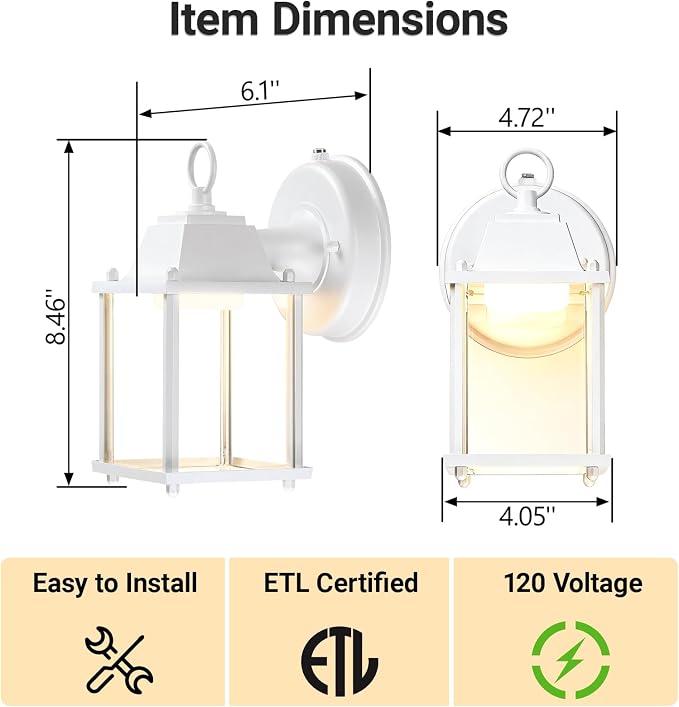 Outdoor Wall Light Fixture Dusk to Dawn, Rustproof Aluminum, LED | Exterior Porch Light Wall Sconce Lantern for House, Patio, Garage, Waterproof, Glass, 9.5W 800 Lumen, 3000K, White, 2 Pack
