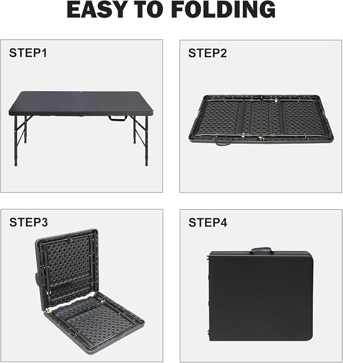 Anwick 4 Foot Folding Table Portable Fold-in-Half Plastic Picnic Table w/Handle and Steel Legs for Indoor, Outdoor, Camping, Party, Garden (Black, 4ft)
