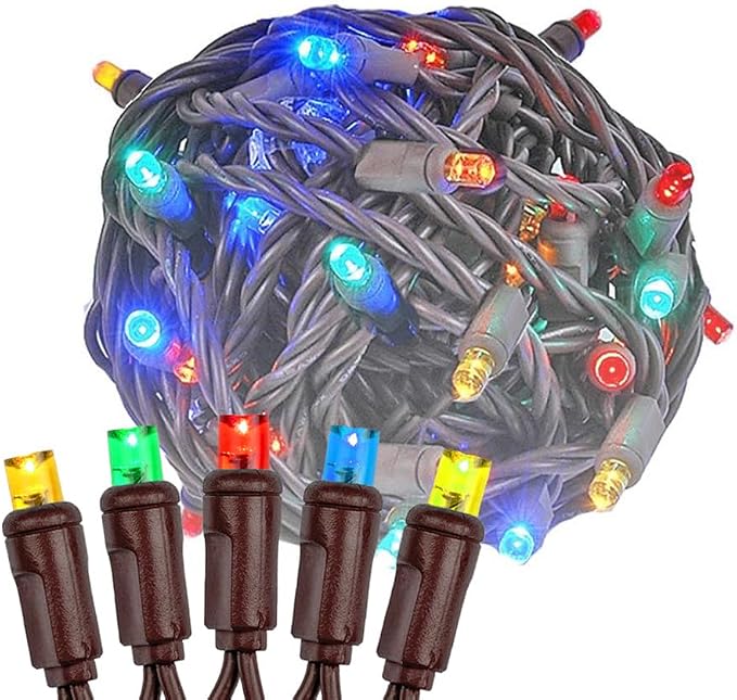 Novelty Lights 50ft 100 LED Multicolor Christmas String Lights, Brown Wire