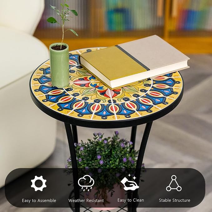 14 Inch Mosaic Patio Side Table with Scroll Legs, Indoor Outdoor Accent Round End Table with Ceramic Tile Tops for Yard, Garden, Living Room, Bistro, B - Grand Mandala