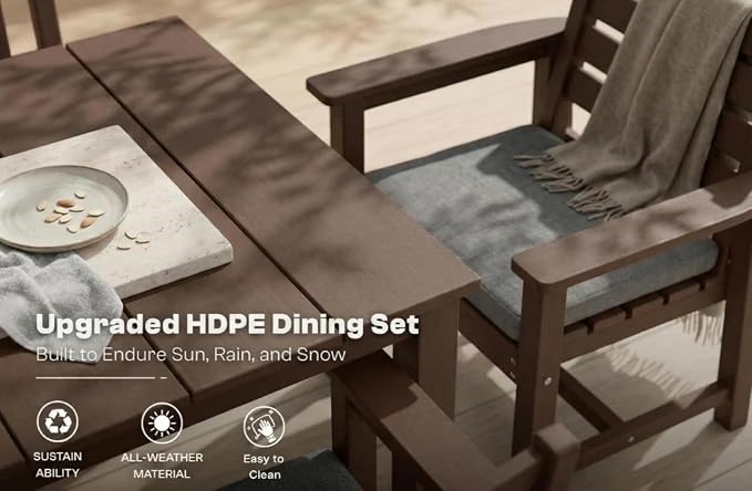 HDPE 7-Piece Outdoor Dining Set with Armchairs, Brown | All Weather Patio Table and Chairs with Umbrella Hole, Patio Furniture Dining Set for Lawn, Garden, Deck, Backyard