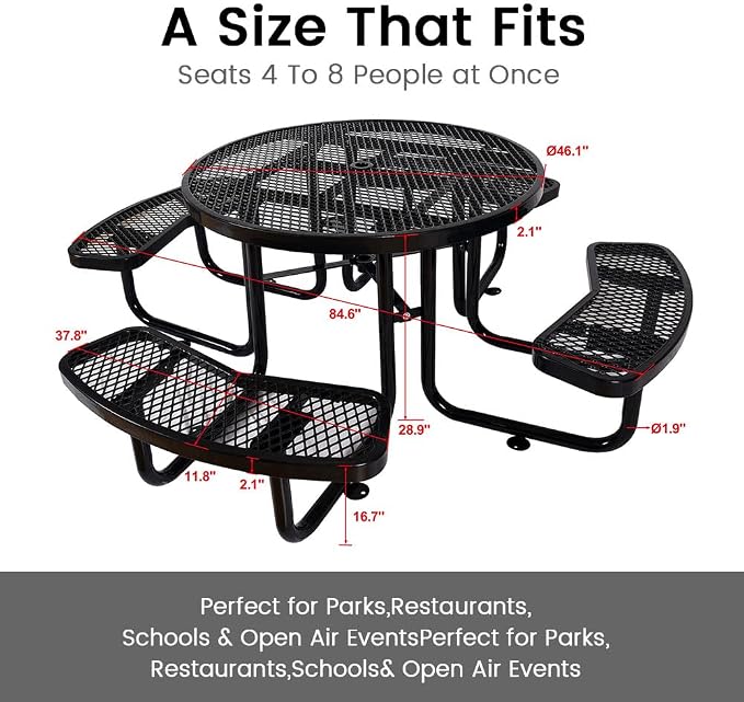 46" Round All Metal Picnic Table for 4-8 Person, Durable Heavy Duty Commercial Picnic Table with Umbrella Hole for Outdoor Coffee Shop, School, Easy to Assemble, Black