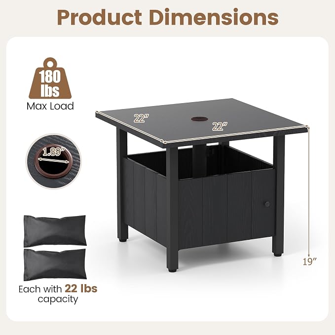 HAPPYGRILL Patio Square Umbrella Table with 2 Weight Bags, Metal Side Table with Umbrella Hole & Adjusting Knobs, for Backyard Poolside Deck (1)