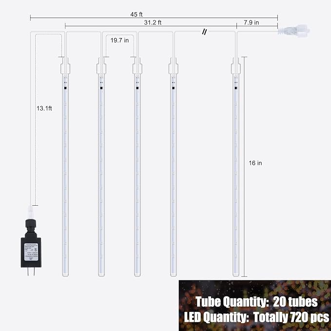 Meteor Shower Lights Outdoor, 16Inch 20 Tube 720 LED Icicle Christmas Light | Waterproof Meteor Christmas Light Outdoor, Hanging Falling Rain Light for Tree Bushes Holiday Party Christmas Decor, White