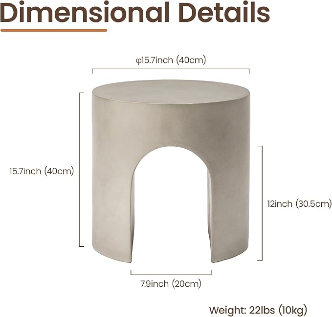 HOMPUS Outdoor Side Table w Hollow Arch, Concrete End Table, Round Patio MgO Coffee Lightweight, Modern Accent Vintage Garden Planter Stand for Indoor Outdoor Use, Grey
