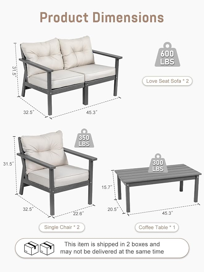 HDPE Patio Conversation Set 6 Seats, Outdoor Furniture Set, Patio Sofa Set | Water-Resistant Thick Cushion, HDPE All Weather, Wood-Grain, No Rot or Rust or Crack, UV Fade Shield, Easy-Clean for Outside