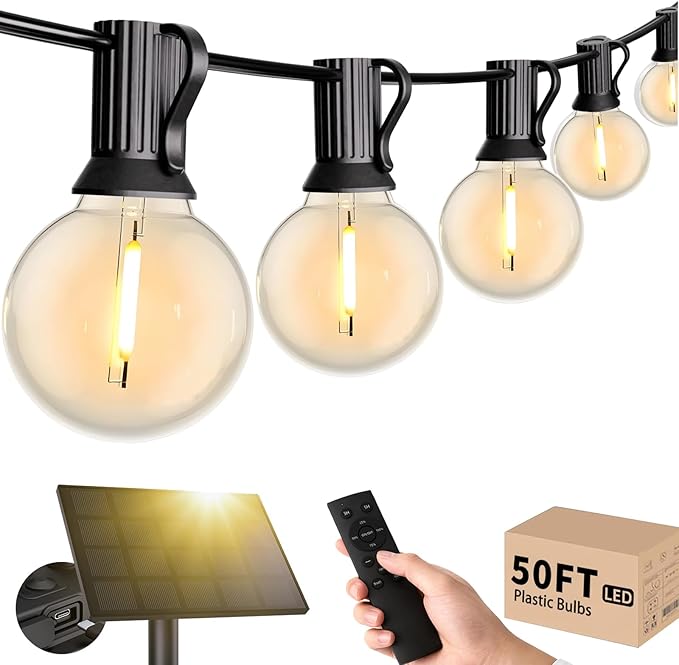 Svater Solar Outdoor String Lights 50 FT, G40 Patio Lights Shatterproof Dimmable Vintage Edison Bulbs, Solar Powered Weatherproof Light for Patio, Backyard, Garden, Bistro, Warm White