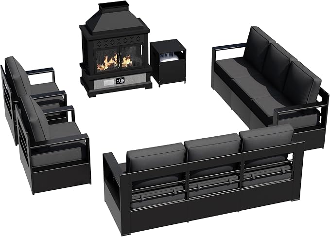 Outdoor Aluminum Furniture Set, 5-Piece Patio Conversation Set, 2 Swivel Chairs, 2 Sofa and 1 Fireplace, All-Weather Metal Frame, 6" Thick Removable Cushions, Deep Setting for Garden and Porch