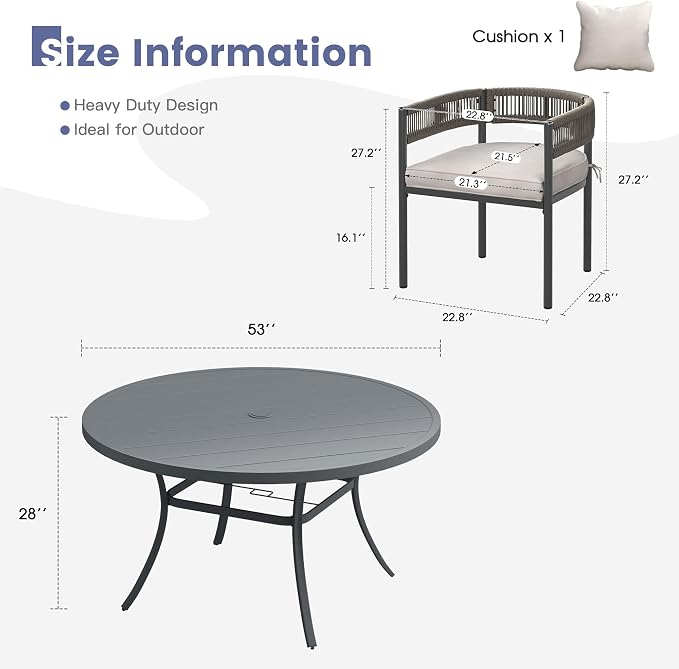 VICLLAX Patio Dining Set, 53" Dark Grey Table & 6 Chairs with Wheat Cushion | Outdoor Table and Chairs Set of Round Metal Patio Table, Outdoor Dining Chairs with Metal Frame, Garden Deck Porch