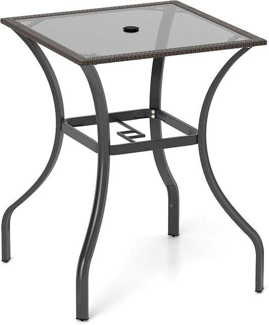 Tangkula Patio Bar Table with Umbrella Hole, All Weather 37 Inches Height Heavy Duty Outdoor Square Glass Top Table, for Garden Balcony Poolside and Lawn, Mix Brown