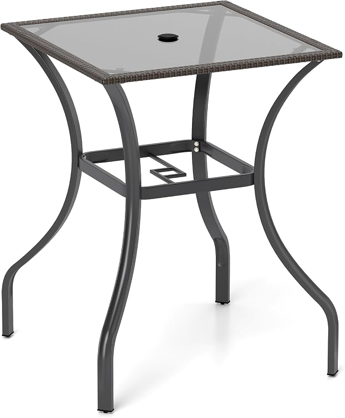 Tangkula Bistro Bar Table, 28.5" Square Bar Height Bistro Table w/ 2" Umbrella Hole, Silkscreen Glass Tabletop & Rattan Edge, Heavy-Duty Metal Legs, Outdoor Patio Bar Table for Poolside, Backyard
