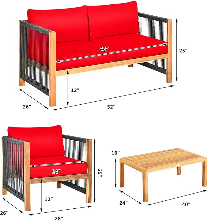 Tangkula Outdoor Wood Furniture Set, Acacia Wood Frame 2 Loveseat Sofa, 4 Single Chairs and 2 Coffee Table, 8 Pieces Conversation Set with Cushions, Garden Balcony Poolside Outdoor Living Set (2, Red)