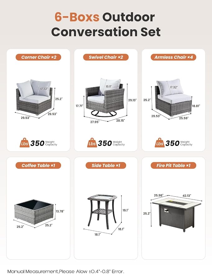ovios 11 Piece Outdoor Patio Furniture Set with Fire Pit Table,Conversation Sectional Wicker Couch with Swivel Chairs,Modern Outside Sofa for Balcony Backyard, Grey