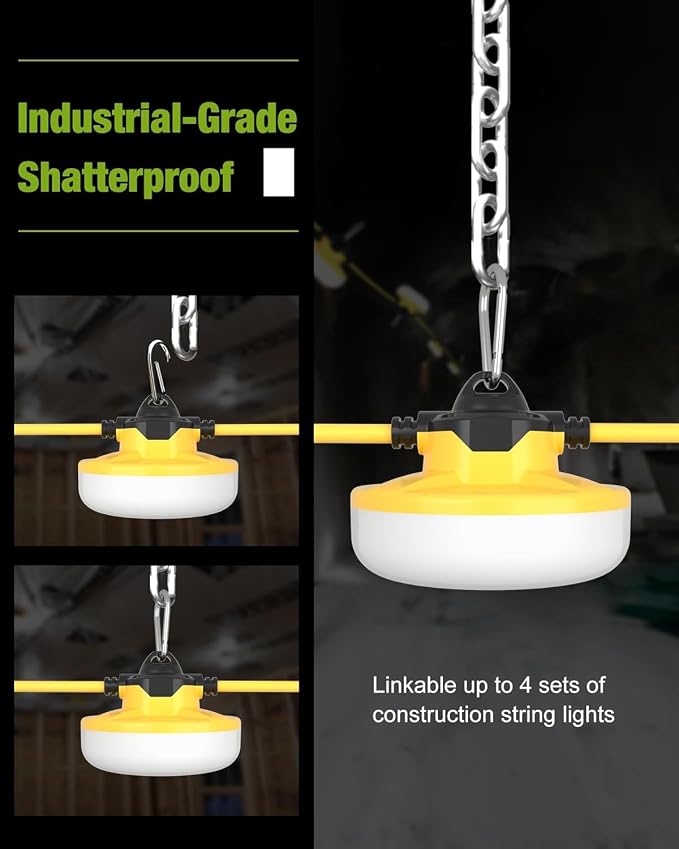 YXL 130W 16000LM Construction String Lights Temp Lighting 100FT Industrial LED Work String Lights, IP65 Waterproof, Super Bright for Construction Sites Temporary Work Jobsites Outdoor Lighting