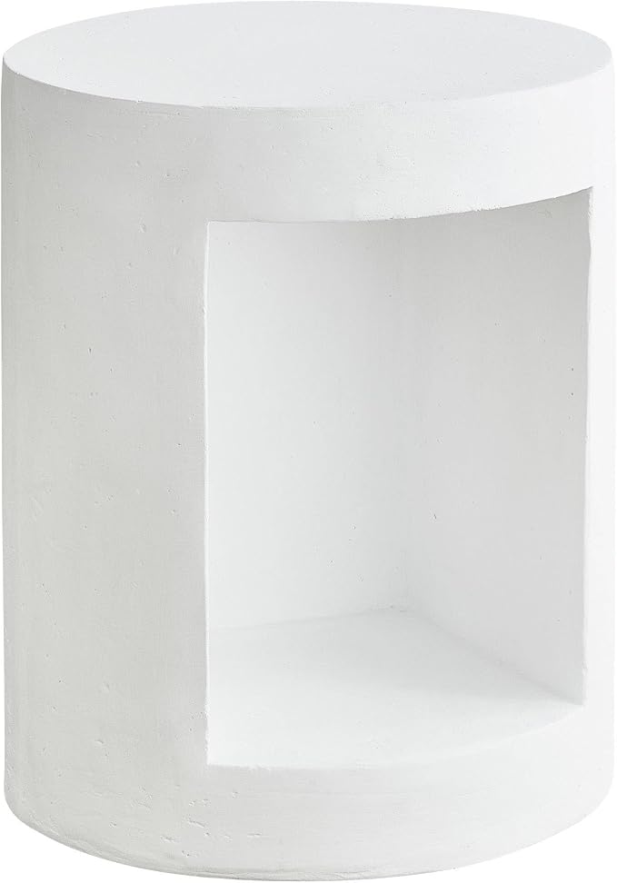 LeisureMod 14” Wide White Round Side Table in Fiberstone with Open Storage, Painted Finish, for Modern Indoor Outdoor Use, Living Room, Bedroom, Patio, Garden