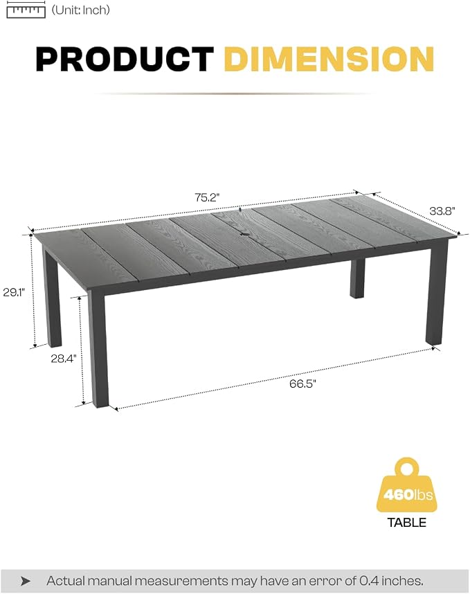 75.2" Outdoor Dining Table for 4-6 People, Patio Dining Outdoor Table with Umbrella Hole, All Weather Patio Table for Backyard, Deck and Garden, Gray
