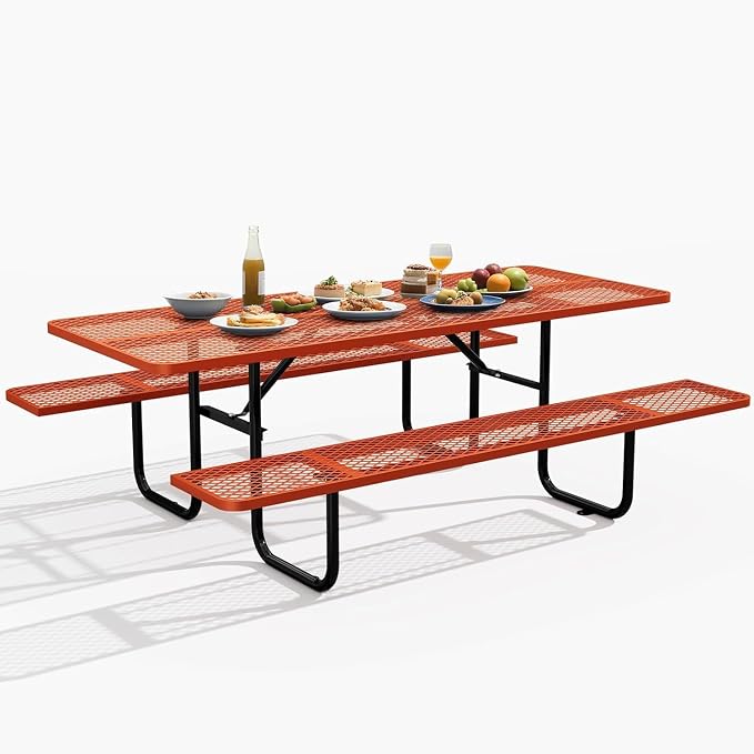 72" Coated Round Metal Picnic Table for 4-6 Person, Durable Heavy Duty Commercial Picnic Table with Umbrella Hole for Outdoor Coffee Shop, School, Easy to Install, Orange
