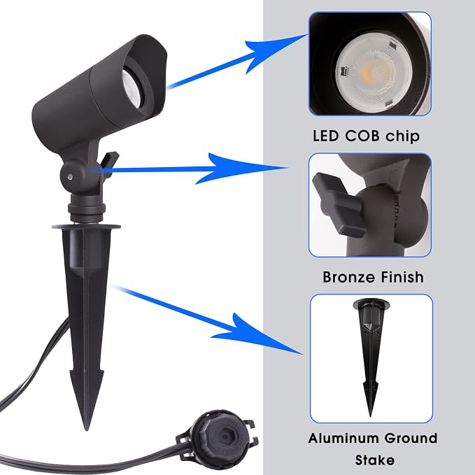 E ENERGETIC LIGHTING LED Landscape Lights with Connectors, 12V Low Voltage, Warm White 3000k, 4W, 175LM, Outdoor Waterproof Garden Pathway Lights Wall Tree Flag Spotlights with Spike Stand, 4 Pack