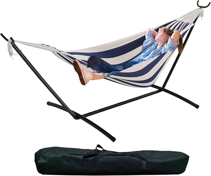 GarveeHome Double Hammock with Stand - Heavy Duty 450lbs Capacity, Portable Cotton Hammock for Two Adults, Indoor & Outdoor Use with Travel Bag, Blue&White Stripe Pattern