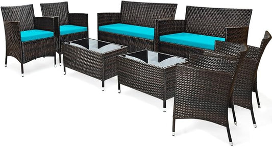 8 Pieces Patio Sofa Set, Wicker Conversation Set with Ergonomic Curved Backrest, Water-Resistant Cushion & Tempered Glass Table for Balcony, Porch (Turquoise)