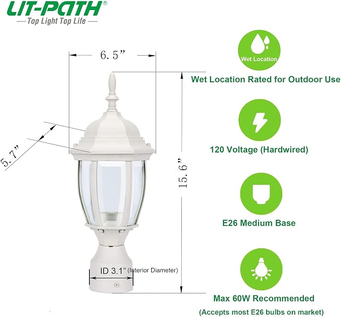 Outdoor Post Light, Rustproof Aluminum Pole Lamp, White | Exterior Lamp Post Light Fixture for Garden, Yard, Pathway, Waterproof, Glass, E26 Base, Max 60W, 1 Pack
