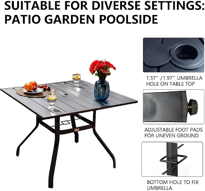 Sour Citrus 37" Outdoor Square Metal Patio Dining Table for 4 with 1.57" Umbrella Hole and Adjustable Feet, Weather-Resistant Steel Slat Table for Garden, Backyard, Balcony, or Deck, Black