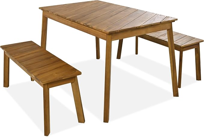 3 Pieces Acacia Wood Table Bench Dining Set for Outdoor & Indoor Furniture with 2 Benches, Picnic Beer Table for Patio, Porch, Garden, Poolside (Acacia Wood@231)