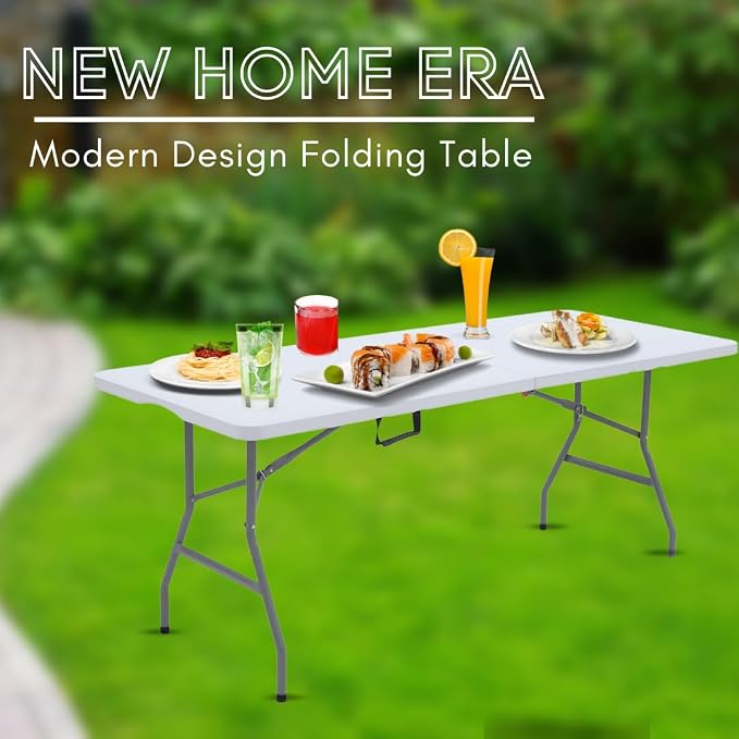 6ft Foldable Heavy Duty Plastic Table - Ideal for Indoor & Outdoor Events: Parties, Picnic, Camping, Weddings, Catering, and Garden Dining - Portable Fold-in-Half Utility Table (White)