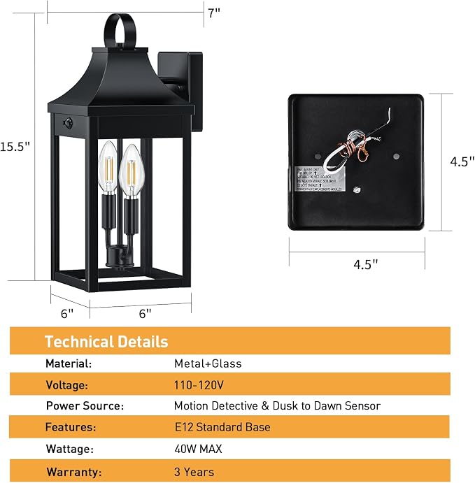 15.5'' Motion Sensor Outdoor Wall Light, Dusk to Dawn Outdoor Lighting | Large Black Modern Sconces Lantern Porch Lights, Exterior Lighting Fixtures with E12, Outside lights for House, 3 Modes