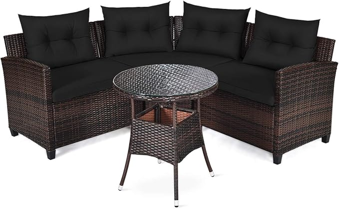 HAPPYGRILL 4 Pieces Rattan Patio Conversation Set, Outdoor Wicker Furniture Set with Cushioned Sofas and Coffee Table, L-Shape Sectional Curved Sofa Set for Garden Poolside Balcony