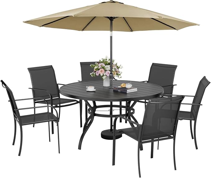 7-Piece Patio Dining Set with Umbrella,6 Person Outdoor Table and Chairs Set, 6 Metal Dining Chairs and Round Outdoor Table with 1.57" Umbrella Hole,Black