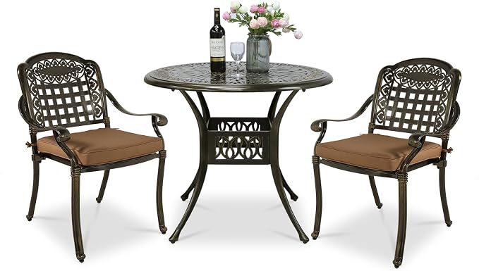 VIVIJASON 3-Piece Outdoor Patio Bistro Set, All-Weather Cast Aluminum Furniture Dining Sets Include 2 Cushioned Chairs and 35.4" Round Table w/Umbrella Hole for Balcony, Lawn, Garden, Backyard