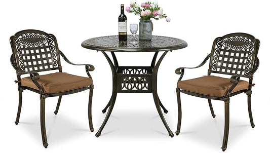 VIVIJASON 3-Piece Outdoor Patio Bistro Set, All-Weather Cast Aluminum Furniture Dining Sets Include 2 Cushioned Chairs and 35.4" Round Table w/Umbrella Hole for Balcony, Lawn, Garden, Backyard