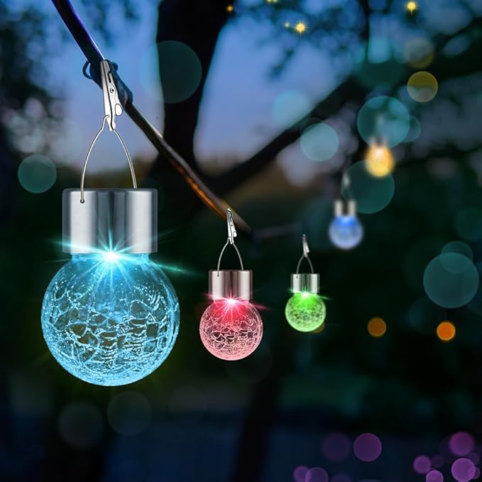 12 Pack Hanging Solar Lights Outdoor Decorative, Waterproof Solar Globe Lantern with Handle and Clip, Solar Powered Cracked Glass Ball Lights for Garden Yard Patio, Fence Tree Umbrella, Holiday Décor