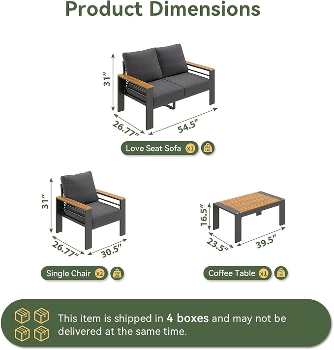 Aoxun Patio Furniture Set, 4 Piece Aluminum Patio Sets with 5" Thicken & Washable Cushion, Waterproof Outdoor Furniture with Coffee Table, Outdoor Couch Sectional for Backyard, Porch and Garden