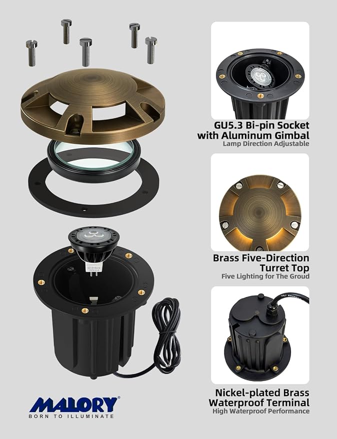 MALORY Brass Top Cover Landscape Well Lights,(φ126 mm) 12V Low Voltage Outdoor In Ground Lights,Landscape Lighting for Pathway, Driveway, Garden (Five-Direction Turret, 4-Pack with Bulb)